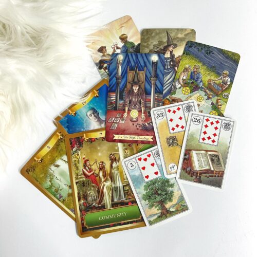 Read Cards Intuitively, Tarot Cards, Lenormand Cards, and Oracle Cards laid out together