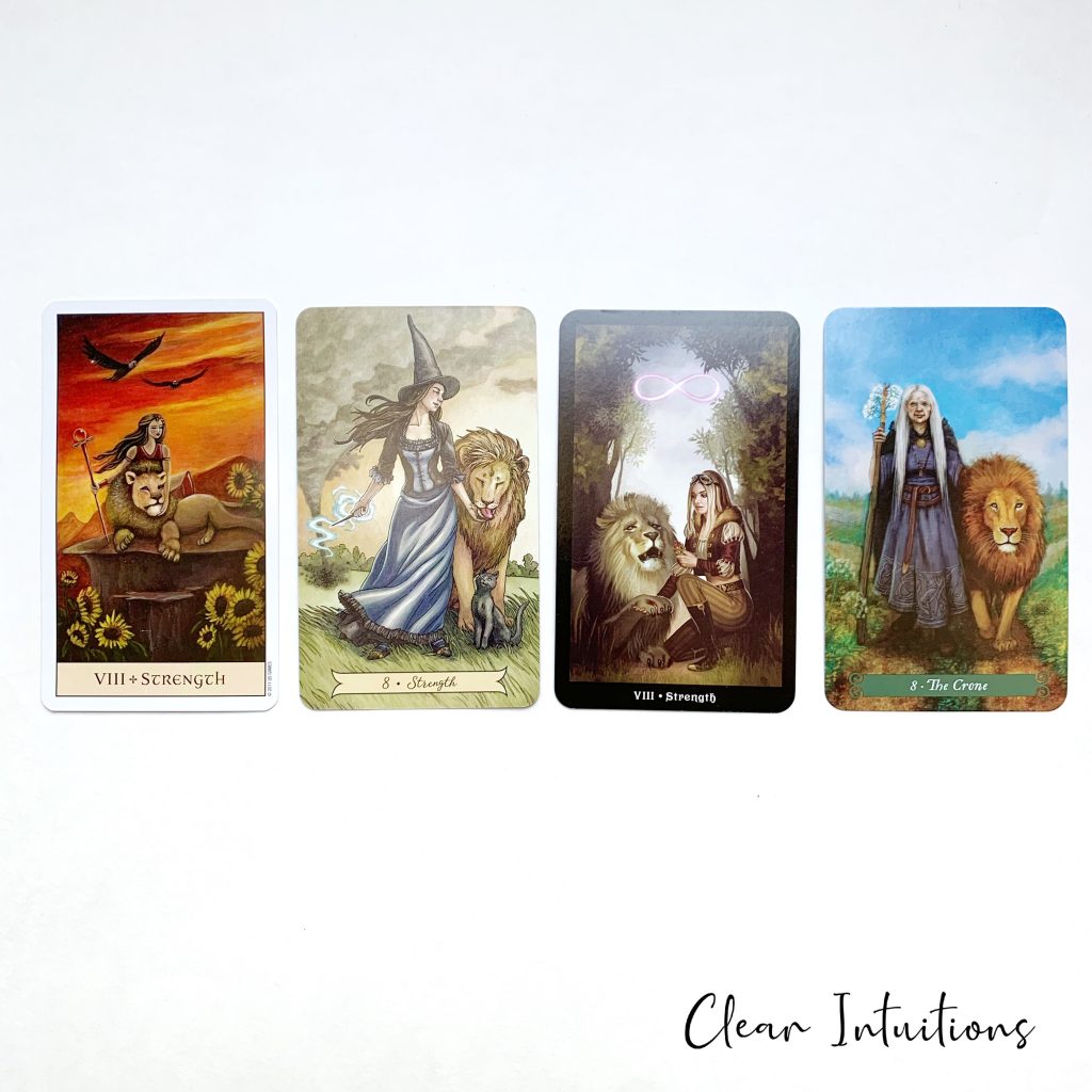 Tarot by Comparison™ - Strength Tarot Card Meaning 6 Strength Tarot Card - Green Witch Tarot, Everyday Witch Tarot, Steampunk Tarot, Crystal Visions Tarot