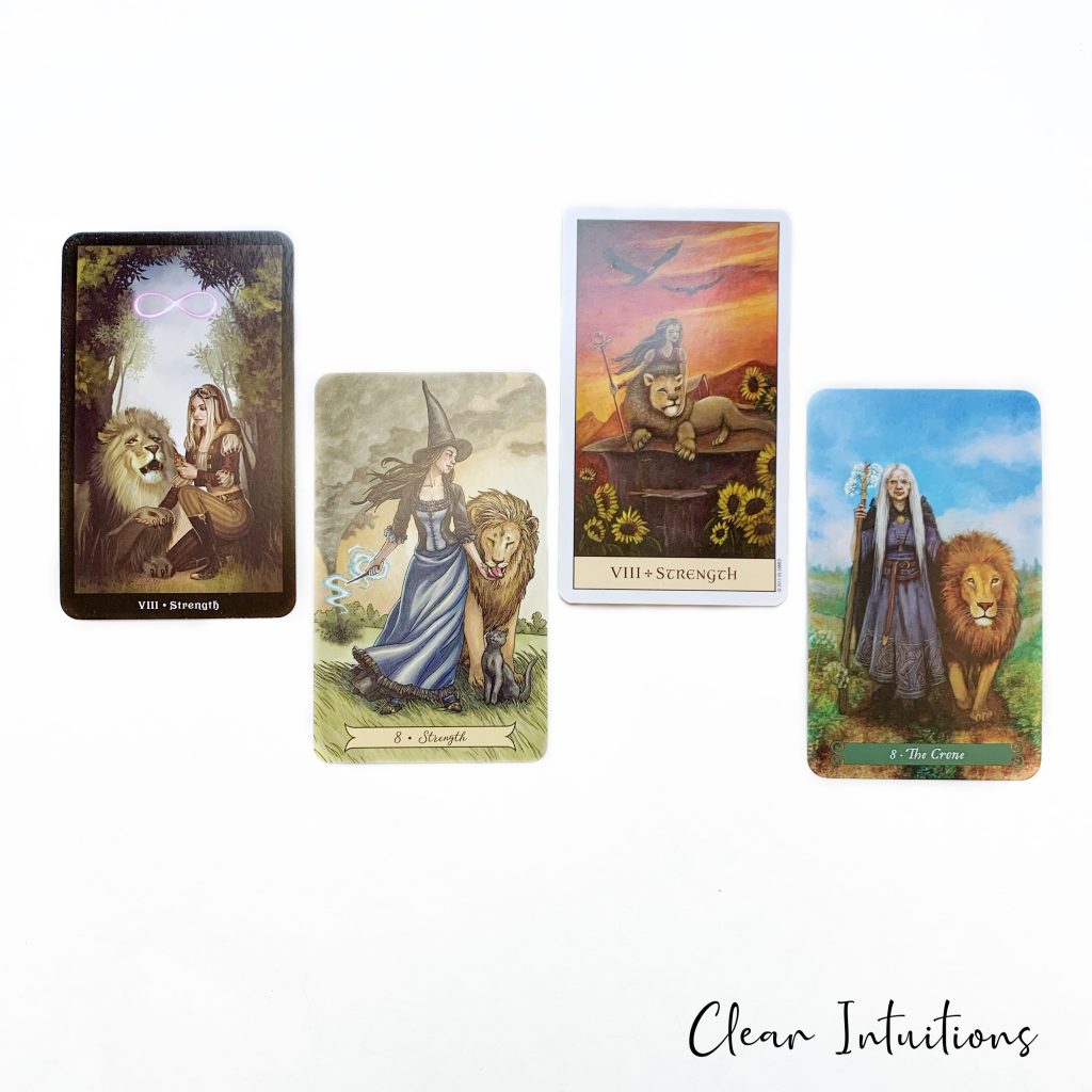 Tarot by Comparison™ - Strength Tarot Card Meaning 3 Strength Tarot Card - Green Witch Tarot, Everyday Witch Tarot, Steampunk Tarot, Crystal Visions Tarot