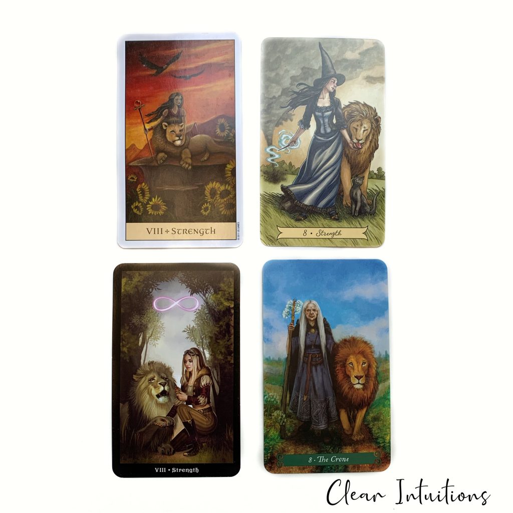 Tarot by Comparison™ - Strength Tarot Card Meaning 1 Strength Tarot Card - Green Witch Tarot, Everyday Witch Tarot, Steampunk Tarot, Crystal Visions Tarot