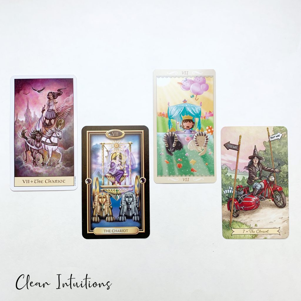 Tarot by Comparison™ - The Chariot Tarot Card Meaning 2 The Chariot Tarot Card - Gilded Tarot, Happy Tarot, Everyday Witch Tarot, Crystal Visions Tarot