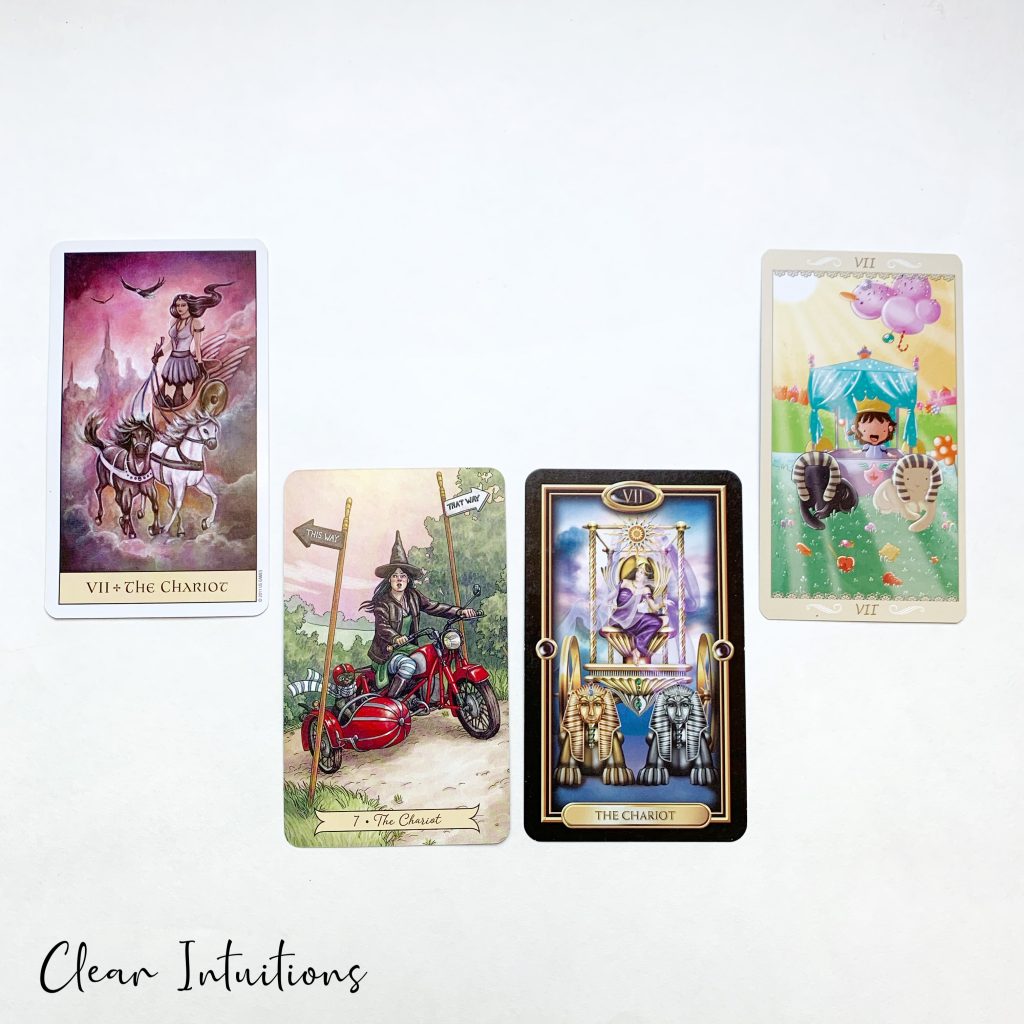 Tarot by Comparison™ - The Chariot Tarot Card Meaning 3 The Chariot Tarot Card - Gilded Tarot, Happy Tarot, Everyday Witch Tarot, Crystal Visions Tarot
