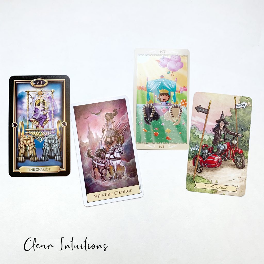 Tarot by Comparison™ - The Chariot Tarot Card Meaning 6 The Chariot Tarot Card - Gilded Tarot, Happy Tarot, Everyday Witch Tarot, Crystal Visions Tarot