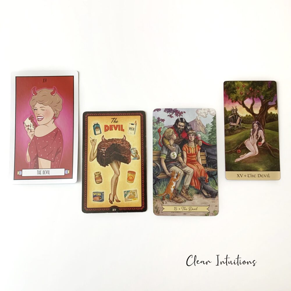 Tarot by Comparison™ - The Devil Tarot Card Meaning 6 The Devil Tarot Card - Golden Girls Tarot, The Housewives Tarot, Everyday Witch Tarot, Crystal Visions Tarot