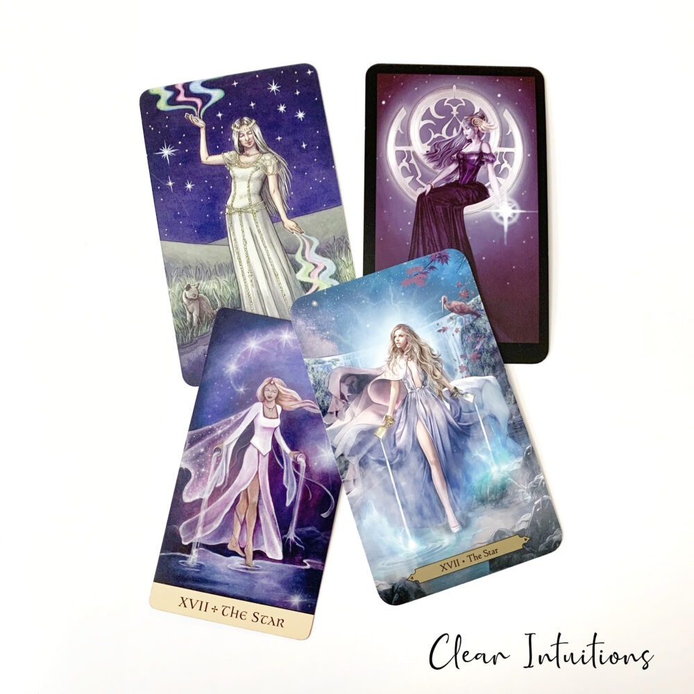 The Star tarot card from multiple decks to compare images to understand meanings.