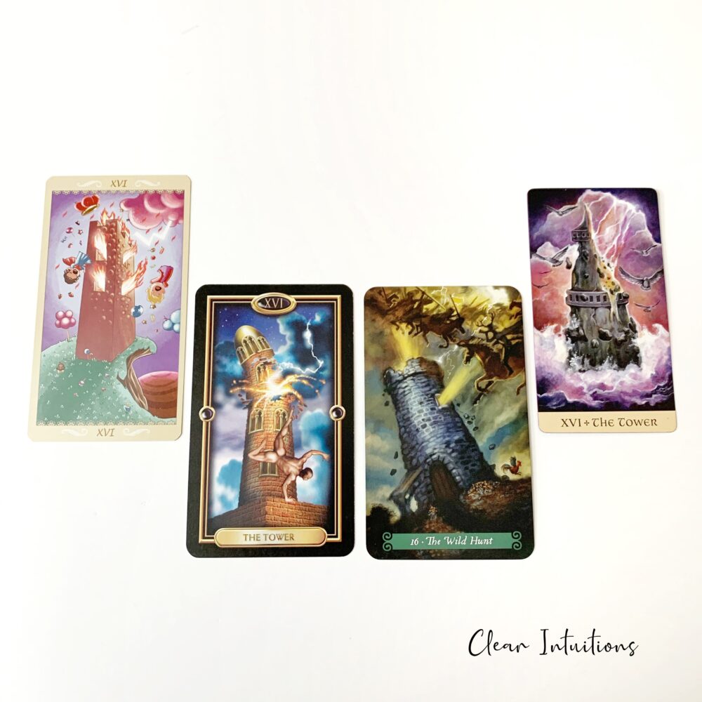The Tower Tarot Card shown from four different decks. 