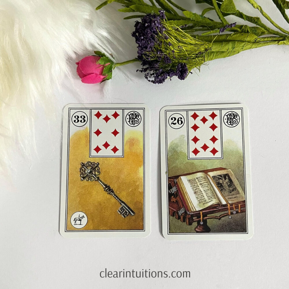 Read Cards Intuitively, Read Lenormand Cards Intuitively, Key Lenormand Card and Book Lenormand Card next to white faux fur and purple and pink flowers.